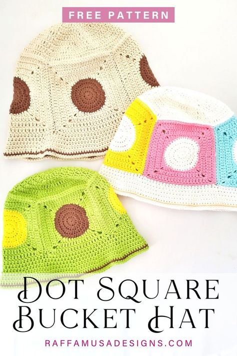 Crocheted granny square bucket hats in sizes toddler, child, and adult made with cotton yarn in different colors Bucket Hat Pattern Free, Granny Square Bucket Hat, Hat Free Crochet Pattern, Crochet Accessory, Bucket Hat Pattern, Crochet Summer Hats, Kids Bucket Hat, Crochet Sun Hat, Crochet Toddler