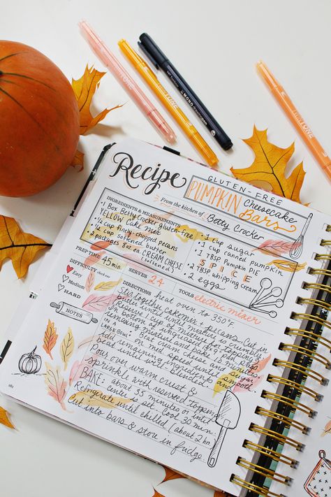 Pumpkin Cheesecake Bar Recipe in my Keepsake Kitchen Diary Using New Tombow Markers  Pens - Lily  Val Living Pumpkin Cheesecake Bar, Recipe Writing, Scrapbook Recipe Book, Cheesecake Bar, Homemade Recipe Books, Recipe Book Design, Diy Cookbook, Lily And Val, Recipe Art