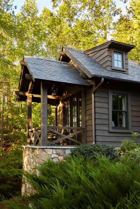 Love all the extra touches, the craftsman details.  Whimsical lakeside cottage retreat with cozy interiors on Lake Keowee Rustic Cottage Exterior, Stone Exterior Houses, Rustic Lake Houses, Cozy Interiors, Lake Houses Exterior, Cottage Decorating, Lake Keowee, Cottage Retreat, Lakeside Cottage