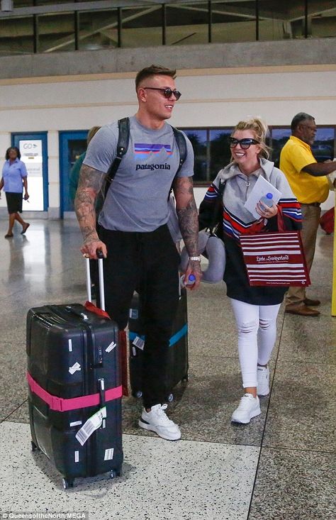 Delighted: Both of the former islanders beamed as they strolled through the airport, revea... Alex Bowen, Olivia Buckland, Tv Couples, Love Island, Barbados, Reality Tv, Beautiful Islands, Favorite Celebrities, Mens Outfits