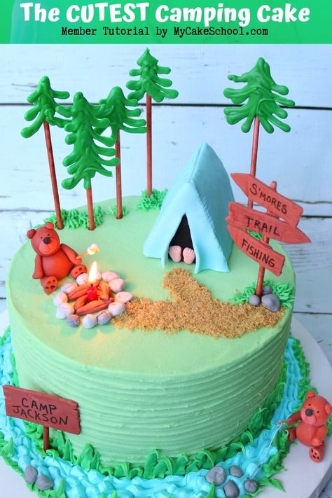 Cute and Easy Camping Cake Tutorial by MyCakeSchool.com! This is such a fun cake to create, and even includes a sweet bear roasting marshmallows over a campfire! Learn cake decorating online through our hundreds of cake decorating video tutorials! Camping Birthday Cake, Camping Cake, Campfire Cake, Camping Cakes, Learn Cake Decorating, Smores Cake, Cake Video, Camping Birthday Party, Simple Cake Designs