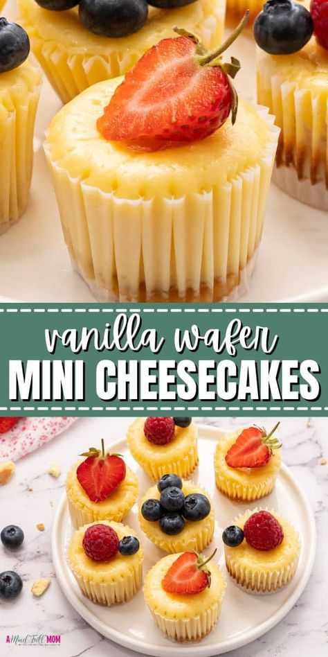 Perfect for portion control or a party, these Mini cheesecakes are a perfect bite-sized treat that features all the flavors of a traditional cheesecake. Made with a vanilla wafer crust and a creamy cheesecake batter, these individual cheesecakes are delicious served plain, with fresh fruit, or even with chocolate. Bills Wafer Mini Cheesecakes, Mini Cheesecake Bites Vanilla Wafers, Mini Cheesecakes In Mini Muffin Pan, Mini Cheesecakes Gluten Free, Nilla Wafer Cheesecake Cupcakes, Mini Cheesecakes With Vanilla Wafers, Mini Cupcake Recipes, Freezer Desserts, Traditional Cheesecake