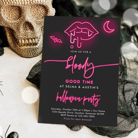 Bloody Good Time Neon Halloween Vampire Party Invitation All designs are © PIXEL PERFECTION PARTY LTD Vampire Party Invitations, Horror Party Invitations, Halloween Party Flyer Design, Vampire Party Ideas, Vampire Birthday Party, Tvd Birthday, Dracula Party, Frankenstein Party, Vampire Birthday