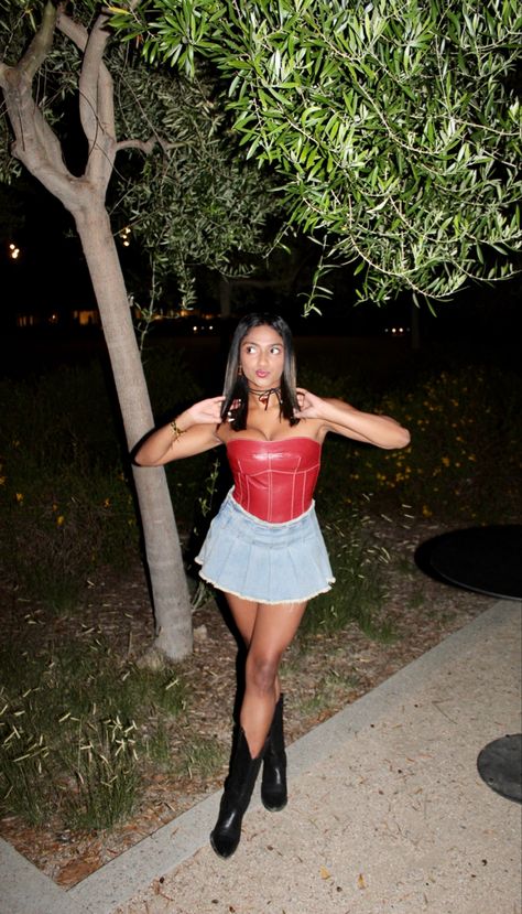 red corset top // pleated mini skirt // pleated denim mini skirt // cowboy boot fits // game day outfits // red outfits // edikted outfits —— use my code : NORAHK10 for 10% off both top and bottoms on Edikted :) Corset And Pleated Skirt Outfit, Corset Rojo Outfit, Denim Pleated Skirt Outfit, Pleated Denim Skirt Outfit, Red Bustier Top, Pleated Denim Mini Skirt, Red Corset Top, Mini Skirt Pleated, Denim Pleated Skirt