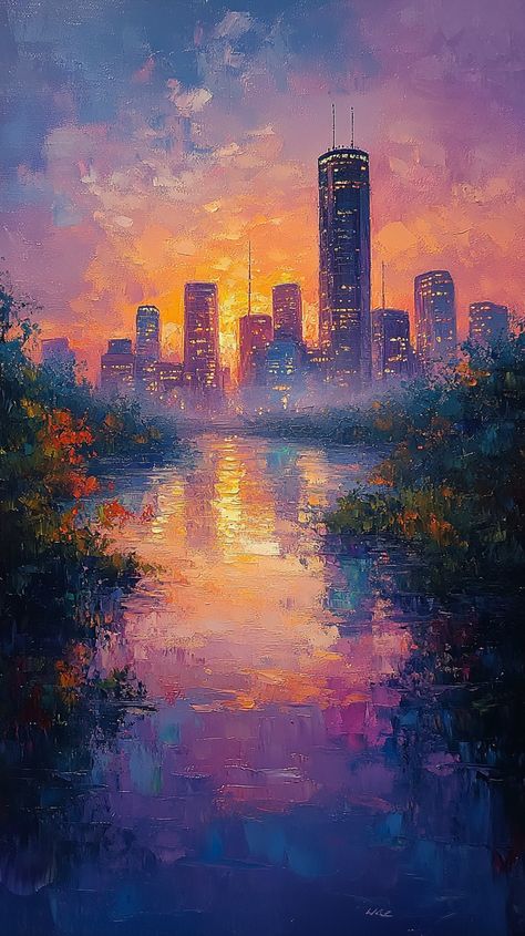 "Impressionist Houston Skyline: Morning Pastels & Reflections" Explore Houston, Houston Skyline, Sunrise Art, Black Paper Drawing, Chicago City, Chicago Skyline, The Windy City, Christian T Shirt, Impressionist Paintings