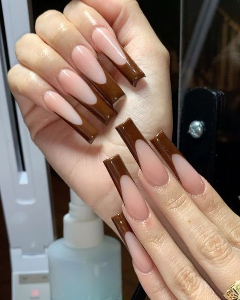 Long Brown French Tip Nails, Chocolate Brown French Tip Nails, Dark Brown French Tip Nails, Brown Nails Long, Long Brown Nails, Brown Long Nails, Cute Brown Nails, Brown French Tips, Brown French Tip Nails