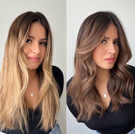 Going From Balayage To Brown, Virgin Light Brown Hair, Dark Brown To Light Brown Transformation, Toned Hair Before And After Brown, Brown Toner Before And After, Going From Blonde To Light Brown, Blonde Hair Before And After, Blond To Brunette Before And After, Light To Dark Hair Before And After