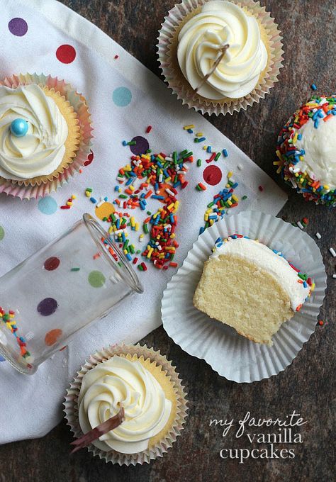 My Favorite Vanilla Cupcakes!  Perfectly fluffy, but not airy.  The perfect base for buttercream! Cookies And Cups, Fun Cupcake Recipes, Vanilla Cupcake Recipe, Dessert Cupcakes, Fun Cupcakes, Vanilla Cupcakes, Cake Frosting, Yummy Sweets, Cup Cakes