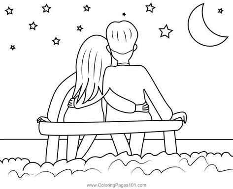 Couple Sitting On Beanch Coloring Page Couple Coloring Pages, Printable Hearts, Romantic Drawing, Postcard Mockup, Vintage Coloring Books, Valentines Day Coloring Page, Valentines Day Coloring, Aesthetic Couple, Easy Coloring Pages