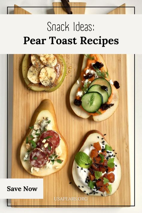 If you're searching for snack ideas, we're sharing some pear toast ideas that are truly like gourmet toast! Exchange that piece of bread for a slice of pear and add your pick of enticing toppings such as banana, peanut butter, honey, yogurt, and more. These unique snacks are a great way to use your ripe pears. This versatile dish can be customized to suit your taste, making it a perfect choice for a savory snack. Save this pin to try your own pear toast creation. Pear Snack Ideas, Pear Recipes Savory, Pear Snacks, Pear Appetizer, Pear Toast, Savory Pear Recipes, Gourmet Toast, Toast Ideas, Ripe Pears