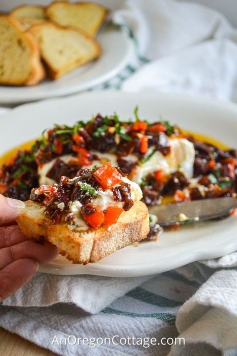 5 Minute Goat Cheese Appetizer with Dried Tomatoes & Roasted Red Peppers - An Oregon Cottage Goat Cheese Recipes Appetizers, Goat Cheese Tomato, Tomatoes And Goat Cheese, Oregon Cottage, Tomatoes Roasted, Goat Cheese Appetizer, Cheese Appetizer, Homemade Soup Recipe, Baked Tomatoes