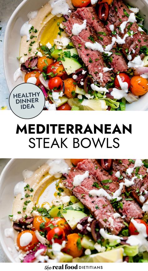 Crisp greens and creamy hummus are topped with a pile of rainbow-colored veggies and perfectly grilled steak in this Mediterranean Steak Bowl. Whole 30 Greek Bowl, Recipes For Dinner Healthy Low Carb, Healthy Delicious Recipes Dinner, Hummus Bowl Lunch, Bowl Dinners Healthy, Healthy Recipes With Steak, Keto Steak Bowl, Easy Healthy Dinner Bowls, Mediterranean Recipes Steak