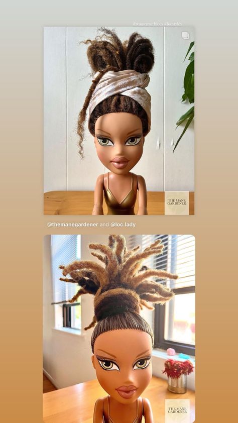 2x Hairstyles for locs modelled on a Bratz doll (Yazmin). Updo styles, with and without a head scarf. Bratz Doll With Locs, Hairstyles For Locs, Locs Styles, Updo Styles, Bratz Doll, Loc Styles, Protective Styles, Head Scarf, Locs