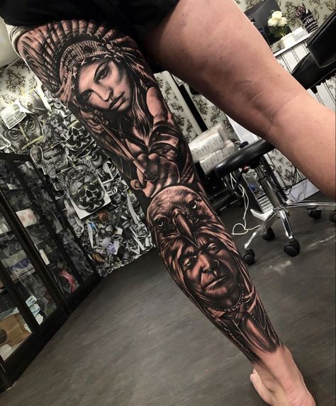 Body Tattoo Ideas, Native Indian Tattoos, Antler Tattoos, Thigh Tattoo Men, Headdress Tattoo, Tattoo Ideas Unique, Half Sleeve Tattoos Forearm, Colorful Tattoos, Lion Tattoo Sleeves