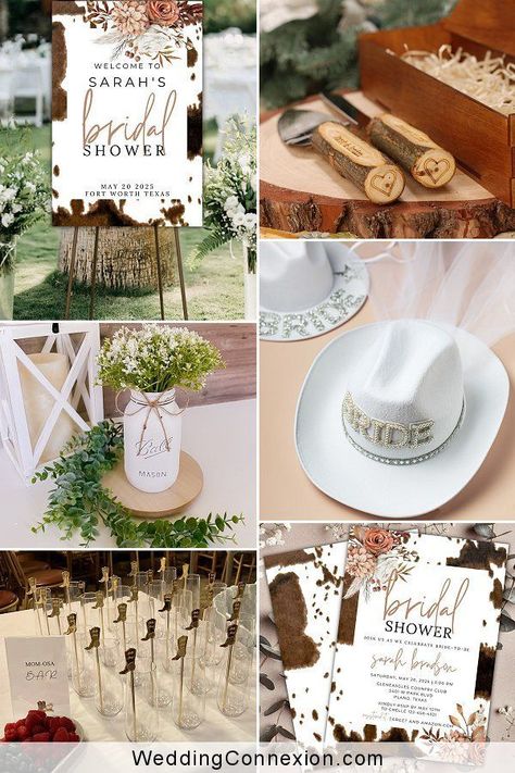 Welcome the bride-to-be to a western cowgirl style bridal shower or bachelorette party with specially hand-picked essentials. From picking the perfect location and making the perfect invites to finding the perfect decorations, get ready to round up all the necessary items to throw an unforgettable western bridal shower! WeddingConnexion.com Cowgirl Theme Bridal Shower Ideas, Bridal Shower Farm Theme, Bridal Shower Ideas Decorations Boho, Western Theme Wedding Shower Ideas, Bridal Shower Ideas Cowgirl, Cowboy Themed Bridal Shower Ideas, Food For Bridal Shower Brunch, Cowgirl Bridal Shower Ideas Decor, Western Bridal Shower Theme