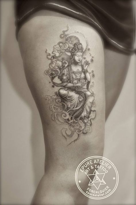 Epure Atelier - Marie Roura Guanyin Tattoo, Yin Tattoo, Rebirth Tattoos, Goddess Tattoos, Buddhism Tattoo, Rebirth Tattoo, Spiritual Tattoo, Tattoos Inspo, Geometric Sleeve Tattoo