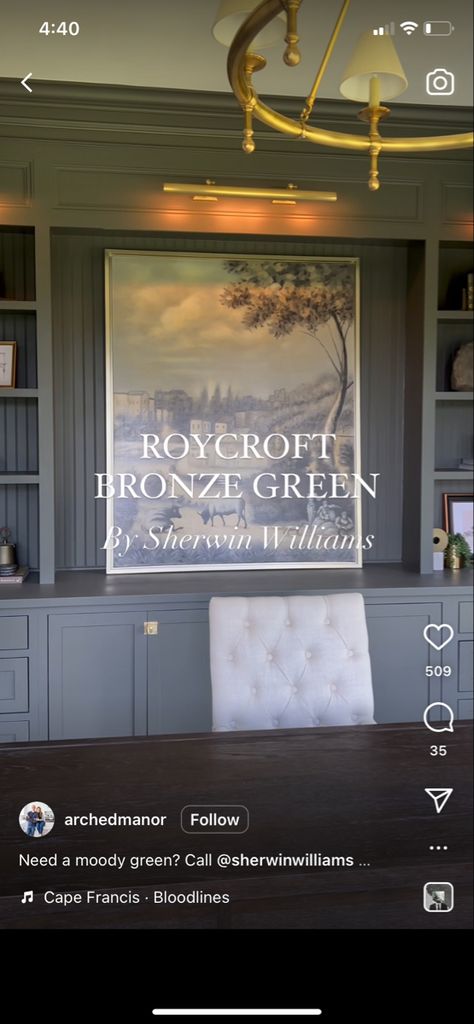 Sw Bronze Green, Sw Roycroft Bronze Green, Roycroft Bronze Green Sherwin Williams, Roycroft Bronze Green, Office Styling, Farmhouse Mudroom, Painted House, Paint Inspo, Bronze Green