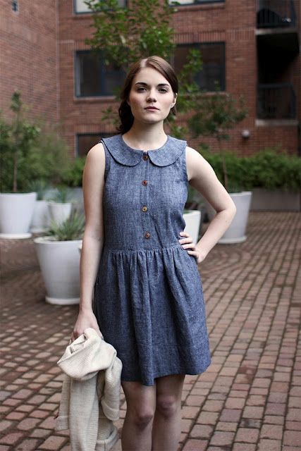 Peter Pan Sleeveless Denim Dress Miss Moss, Sleeveless Denim Dress, Outfits 2017, Love Clothing, Chambray Dress, Casual Work Outfits, Trendy Clothes For Women, Sweet Dress, Sewing Dresses