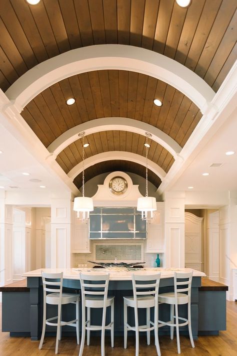 that ceiling, though! Painted Stair Risers, Barrel Vault Ceiling, Barrel Ceiling, Dining Room Blue, House Of Turquoise, Parade Of Homes, Home Ceiling, Interior Design Ideas, Home Tour