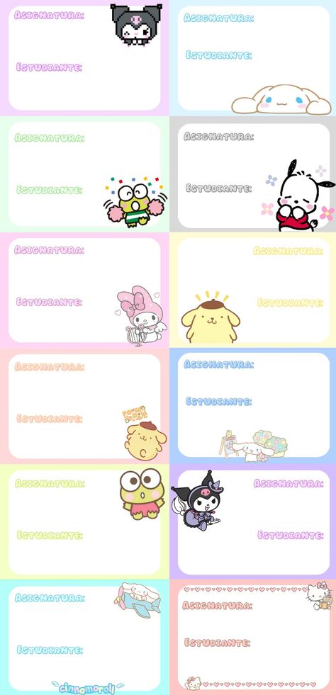 Sanrio Subject Labels, Cinnamoroll Notebook Label, Name Labels Aesthetic Printable, School Labels Printables, Notebook Labels, Subject Labels, Calendar Design Template, Name Plate Design, Hello Kitty Cupcakes