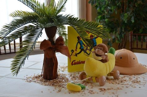 Curious George centerpiece. Baby palm tree, foam safari hat, sea shell pieces. Curious George Party, Curious George Birthday, Safari Hat, Curious George, Sea Shell, 2nd Birthday, Palm Tree, Palm Trees, Birthday Parties