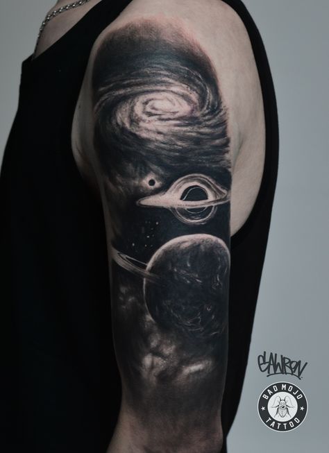 Milkyway Galaxy Tattoo Design, Universe Tattoo Galaxies Black And White, Galaxy Tattoo Sleeve, Black Hole Tattoo, Space Tattoo Sleeve, Egyptian Eye Tattoos, Cosmos Tattoo, Word Tattoo Ideas, Astronomy Tattoo