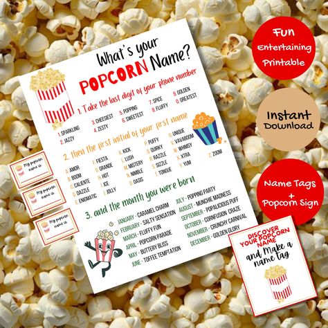 Get ready for a fun-filled movie night with the "What Is Your Popcorn Name Game"! This printable party game is the perfect icebreaker for a family game night, office parties, or summer gatherings. Simply download the game instantly and let the laughter begin as you generate hilarious popcorn names using the name generator. Whether you're a popcorn fanatic or just looking for a new and exciting activity, this popcorn name game will surely be a hit at any event. So grab your popcorn, gather your f Popcorn Games, Baby Shower Popcorn, Grease Party, Name Game, Popcorn Party, Popcorn Bar, Name Games, What Is, Summer Gathering