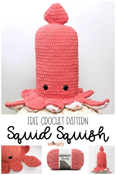 The Squid Squish is a free cuddly crochet pattern on Moogly! This adorable amigurumi style sea creature joins his pals for fun and adventures! Make your own (and his pals!) with Bernat Blanket!  #freecrochetpattern #mooglyblog #yarnspirations #bernatblanket #amigurumi #squid #crochetstuffies #crochetsofties #seacreatures #kraken Crochet Squid Pattern Free, Squish Crochet, Crochet Squish, Crochet Squid, Crochet Characters, Crochet Stuffies, Graph Crochet, Softie Pattern, Hand Woven Blanket