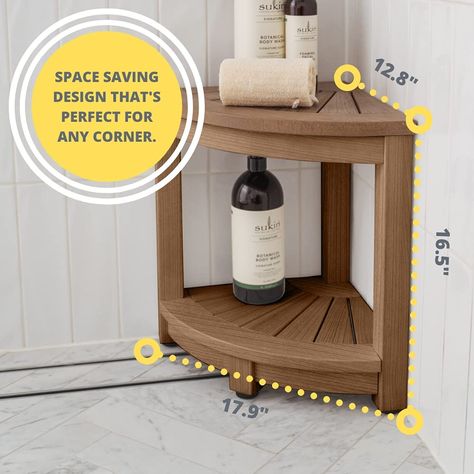 Shower Stools Ideas, Shower Foot Rest Shaving, Shower Stool For Shaving, Bathroom Favorites, Shower Stools, Corner Bench With Storage, Corner Shower Bench, Shower Step, Bathroom Bench