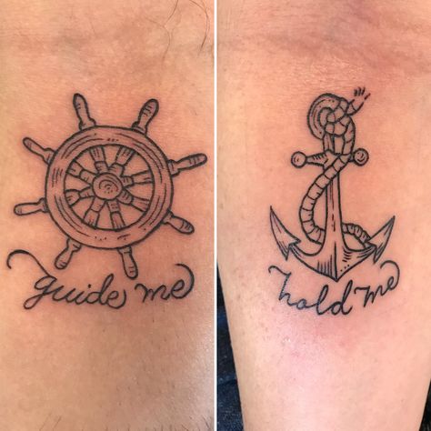 Anchor Heart Tattoos For Women, Anchor And Compass Tattoo Couples, Couples Anchor Tattoo Ideas, Anchor Tattoos For Couples, Cruise Tattoo Ideas, Anchor And Compass Tattoo, Spouse Tattoos, Couple Tats, Tattoos Anchor