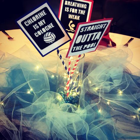 Swim Team Centerpieces Banquet, Water Polo Banquet Centerpieces, Water Polo Centerpieces, Water Polo Banquet Ideas, Swim Centerpieces, Swim Banquet Centerpieces, Swim Team Banquet, Senior Boards, Swim Team Party