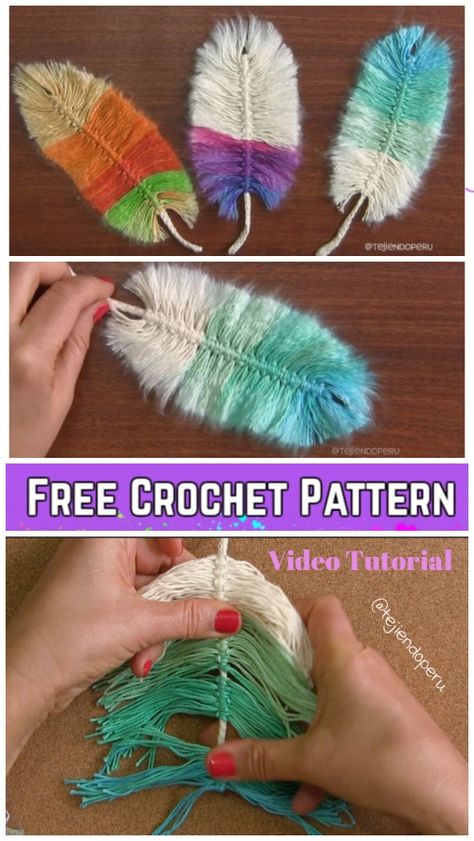 DIY Macrame Feather With Crochet Cord Free Pattern - Video Tutorial Cordon Crochet, Marque-pages Au Crochet, Crochet Feather, Feather Diy, Crochet Flowers Easy, Confection Au Crochet, Diy Videos Tutorials, Crochet Cord, Feather Crafts