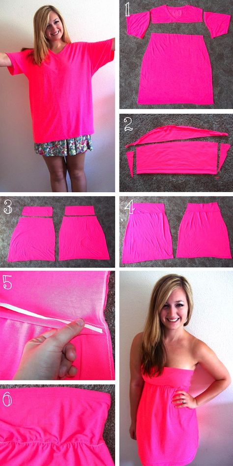 Large t-shirt into summer strapless top or cover up! ~ Tutorial {more things you can make}ED Diy T Shirt Dress, Gamle T Shirts, T Shirt Reconstruction, Robe Diy, Diy Vetement, Costura Diy, Creation Couture, Fashion Project, Summer Diy