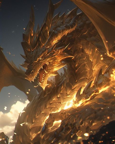 Golden Eyes Fantasy Art, Gold Dragon Aesthetic, Gold Dragon Art, Golden Dragon Art, Sun Dragon, Divine Beast, Elemental Dragons, Breathing Fire, Big Dragon