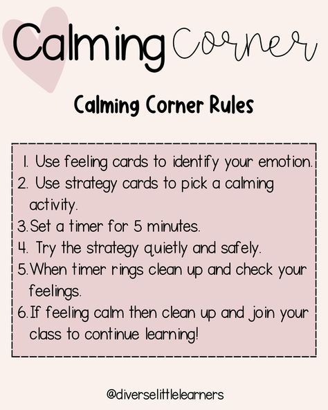 How to use a calming corner in your classroom ☺️ This is one of my favorite resources and I highly recommend creating a calming space for your students in your classroom! You can find this resource in my tpt shop. ⭐️ Don’t forget to download the FREE slides. . . . #teachersofinstagram #teachergram #calmcorner #mindullearning #classroom Calming Corner Rules, Calm Corner Rules, Calming Corner At Home, Counseling Decor, Calm Corner, Calming Corner, Calm Down Corner, Classroom Management Ideas, Corner Ideas