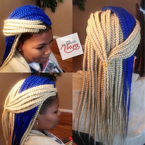 Blonde and blue medium box braids @braiding.vixxen Blue Hair Braids, Puff Braids, Medium Sized Box Braids, Blue Box Braids, Blonde And Blue Hair, Red Box Braids, Medium Hair Braids, Rainbow Braids, Small Box Braids