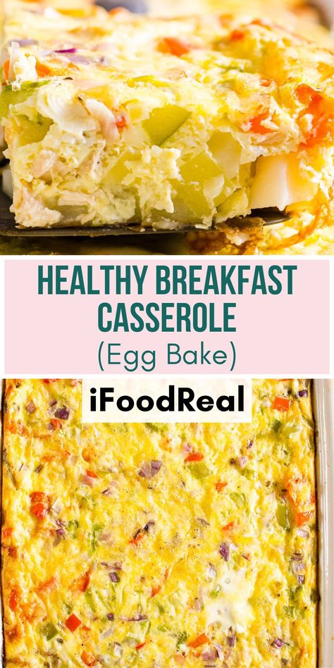 This Healthy Breakfast Casserole is delicious, easy and is made without bread. This healthy egg bake is low carb, perfect for meal prep or when you need to feed a large crowd during the holidays. Easy Egg Bake For A Crowd, Ww Egg Bake, Healthy Egg Bakes Breakfast, No Meat Egg Casserole, Egg White Casserole Breakfast Healthy, Paleo Egg Bake, Low Cal Breakfast Casserole, Meatless Breakfast Casserole Recipes, Crustless Egg Bake