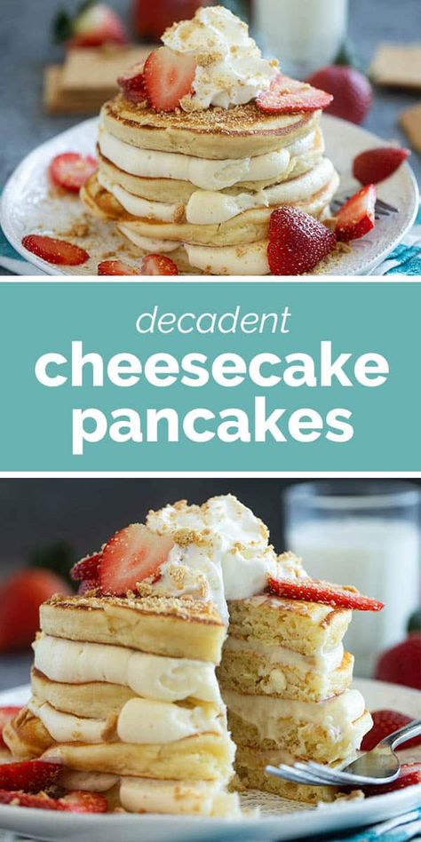 Pancake Cream Cheese Topping, Cheesecake Filling For Pancakes, Pancakes With Toppings, Cream Cheese Filling For Pancakes, Strawberry Cheesecake Pancakes Easy, Yummy Pancake Ideas, Cream Cheese Pancake Topping, Cream Cheese Waffle Topping, Cream Cheese Stuffed Pancakes