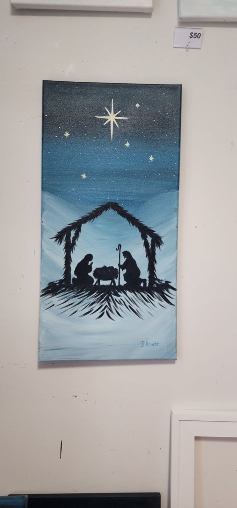 "Nativity O Holy Night Handpainted Christmas Painting on 12x24\" canvas. Edges are painted so no frame is necessary.  Finished with clear coats gloss to protect painting.  All wired and ready to hang.  Ships USPS Priority Mail." 12x24 Painting Ideas, Nativity Painting Ideas, Manger Scenes Nativity Painting, Nativity Window Painting, Easy Nativity Painting, Nativity Painting On Canvas, Christmas Paint Night Ideas, Painting Nativity Scene, Simple Christmas Paintings On Canvas