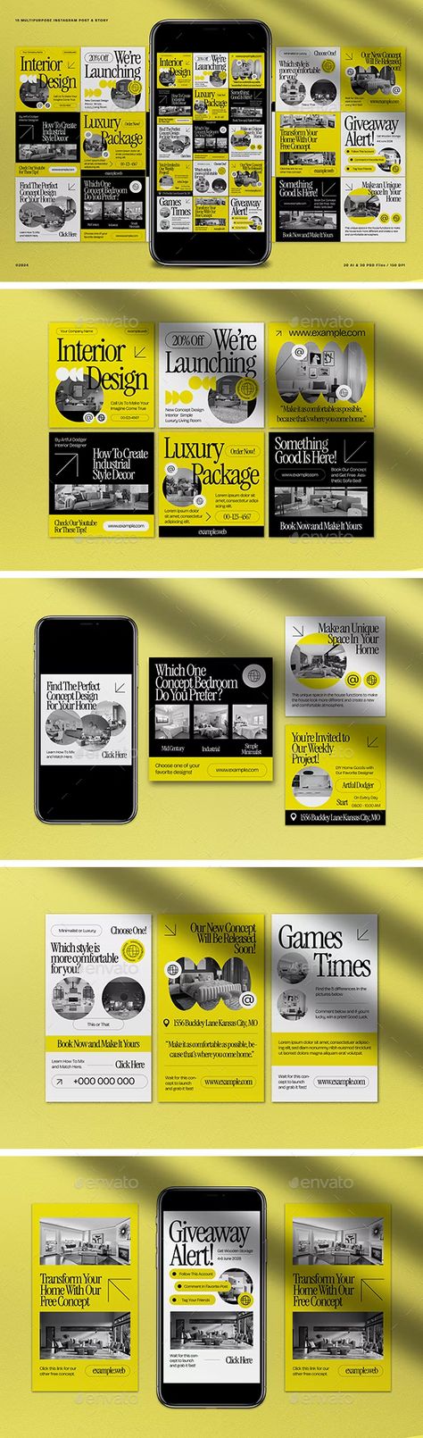 Yellow Geo Minimalism Design Interior Instagram Pack, Web Elements Layout Site, Minimal Interior Design, Instagram Design, Design Language, Psd Templates, Image Photography, Minimal Design, Social Media Design, Instagram Feed