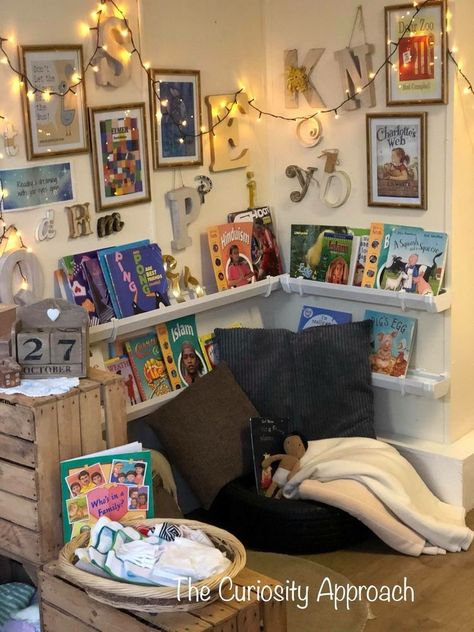 Eyfs Reading Corner Ideas, Book Corner Curiosity Approach, Curiosity Approach Book Area, Book Areas Early Years, Curiosity Approach Book Corner, Preschool Curiosity Approach, Curiosity Approach Reading Area, Book Corner Ideas Childcare, Eyfs Book Corner