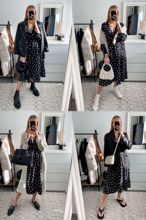 Polka Dot Slip Dress Outfit, Black Polka Dot Dress Outfit Winter, Spot Dress Outfit, Black And White Polka Dot Dress Outfit, Spotty Dress Outfit, Polka Dot Dress Outfit Winter, Spotted Dress Outfit, Navy Polka Dot Dress Outfit, Black Polka Dot Dress Outfit