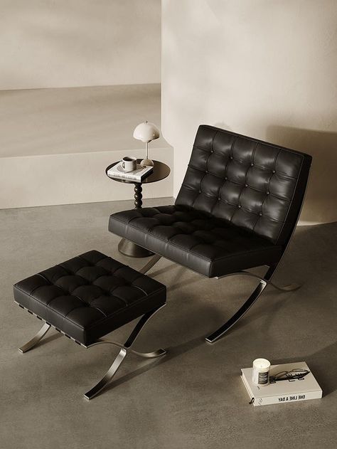 Description The Barcelona Chair is a timeless piece that combines classic design with style and comfort. This black leather armchair comes with thick removable padding to provide optimal support for your spine and neck. Its black color adds a touch of sophistication to any seating arrangement, making it the perfect choice to enhance your home décor. Whether you need an extra high back chair or simply want to enhance your interior, the vintage leather armchair is a great choice. Product Specs Product name Barcelona Chair And Footstool, Black Leather Color Black Dimensions More Details below Materials Real leather on the Contact Surface, Painted Steel, High desity sponge Assembly Yes Warranty 1 year Maximum load capacity 160 kg Delivery 2 to 4 days to all UK Addresses, 5-7 days to EU Dimensi Barcelona Chair Interior, Chair And Footstool, Black Leather Armchair, Black Armchair, Bedside Table Storage, House Aesthetic, Corner Sofa Bed, Black Chair, High Back Chairs