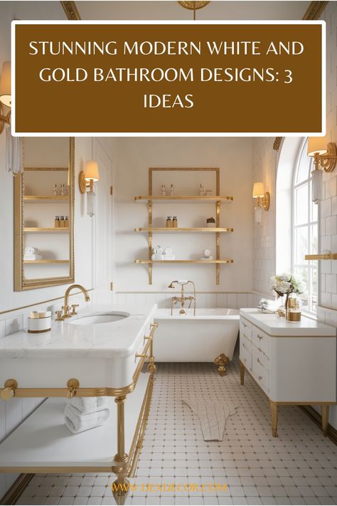 Luxurious white and gold bathroom with vintage fixtures, marble surfaces, and a freestanding tub. Gold And White Bathrooms, Gold Accent Bathroom, Gold Hardware Bathroom, White And Gold Bathroom, Gold Bathroom Fixtures, Gold Framed Mirror, Gold Bathroom, Gold Interior, Bathroom Designs