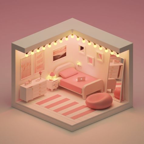 Isometric Art, Sims House Design, Isometric Design, Tiny House Decor, Home Building Design, Pink Bedroom, Pink Room, Sims House, Cozy Room