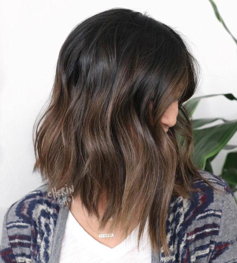 Low Maintenance Balayage Dark Hair, Asian Hair Color Low Maintenance, Long Hair Bun Styles, Short Fall Hair, Cherin Choi, Fall Brunette, Medium Brunette, Short Hair Fringe, Fall Highlights