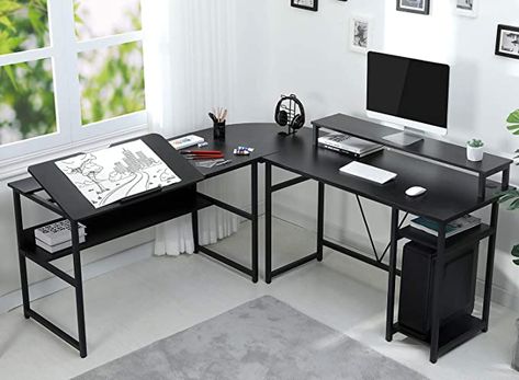 Amazon.com: Sedeta L Shaped Computer Desk, 70.9 inches Corner Computer Desk with Monitor Stand Riser, Drafting Drawing Table with Tiltable Desktop, Workstation Study Writing Table Art Desk for Home Office, Black : Home & Kitchen