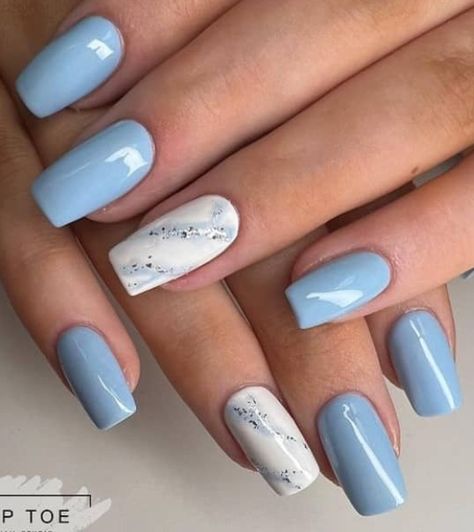 Nail Designs With Light Blue, Carolina Blue Nails Designs, Light Blue Wedding Nails Bridesmaid, White Silver And Blue Nails, Blue French Manicure Designs, Light Blue Fingernails, White Blue Silver Nails, Sky Blue Nail Art Designs, Wedding Nails Blue And White