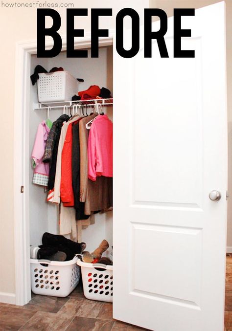 Organized Coat Closet Makeover #coatcloset #closetorganization #closetorganizationideas Small Entryway Closet, Entryway Closet Makeover, Entry Closet Organization, Coat Closet Makeover, Coat Closet Ideas, Golf Course House, Front Hall Closet, Easy Home Organization, Coat Closet Organization