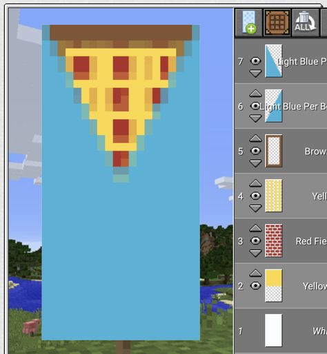 Minecraft Banner Ideas Step By Step, Stendardi Minecraft, Minecraft Flags Banners, Minecraft Pizza, Minecraft Banner Ideas, Pizza Banner, Cool Minecraft Banners, Building In Minecraft, Banners Minecraft